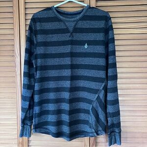 Volcom Dark Grey Marl Striped Thermal Style Long Sleeve Shirt-Size M